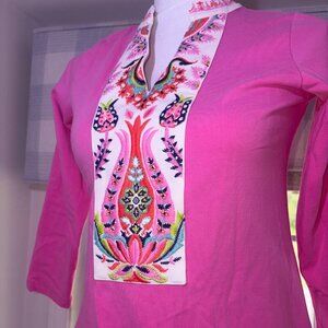 Spartina 449 Womens SZ XS Monica Tunic Dress 3/4 Sleeve Embroidered Floral